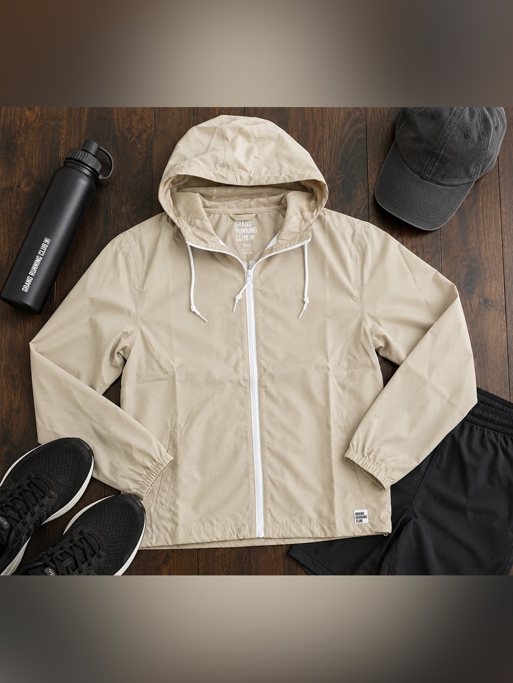 Grand Running Club Hauser Men’s Khaki Hooded Windbreaker Jacket Small NWT